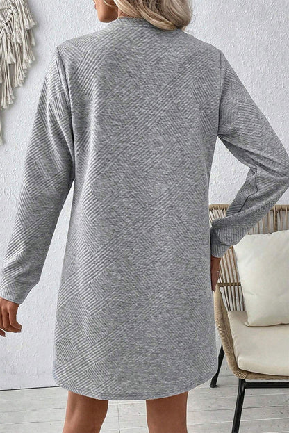 Gray Solid Color Textured Long Sleeve Shift Short Dress - Vesteeto