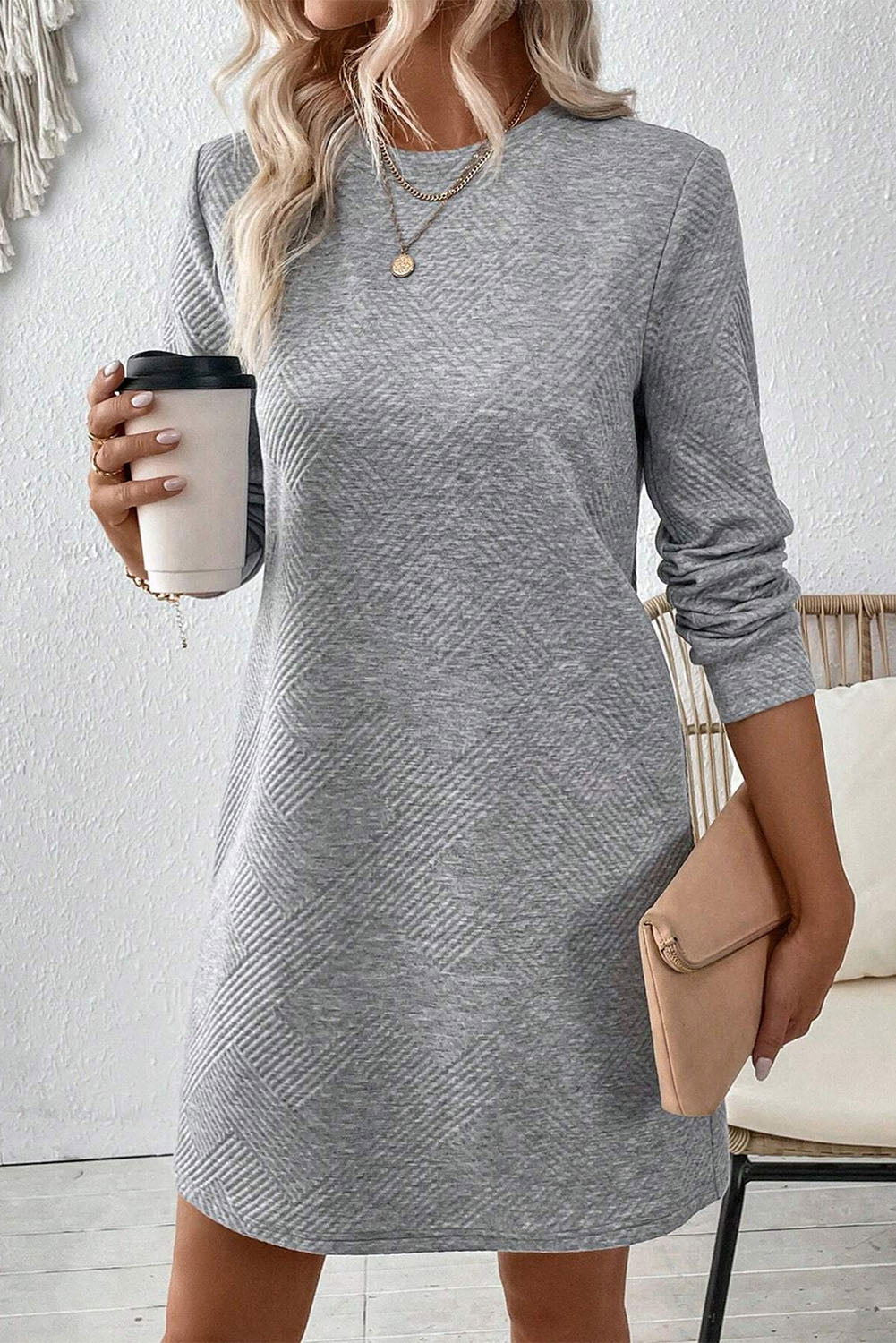 Gray Solid Color Textured Long Sleeve Shift Short Dress - Vesteeto