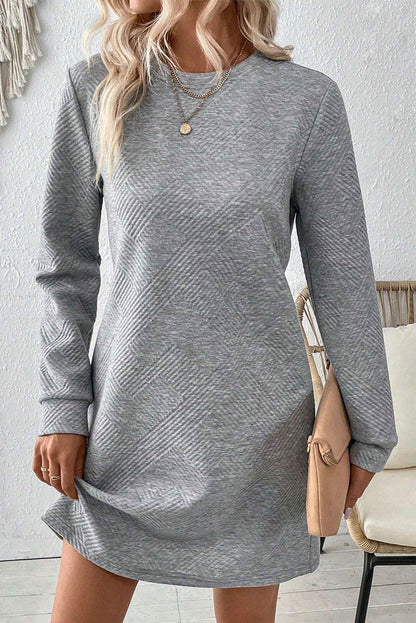 Gray Solid Color Textured Long Sleeve Shift Short Dress - Vesteeto