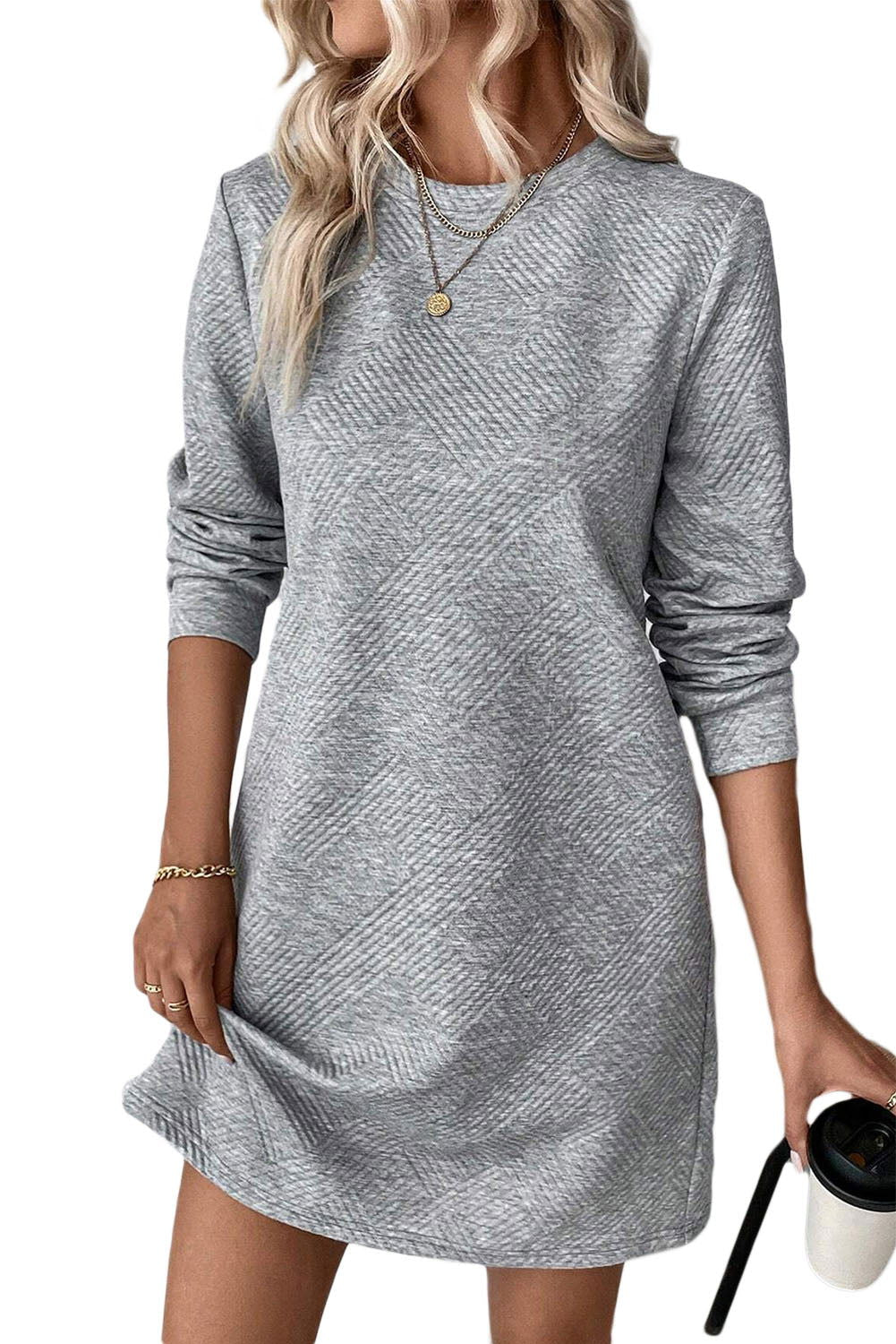 Gray Solid Color Textured Long Sleeve Shift Short Dress - Vesteeto