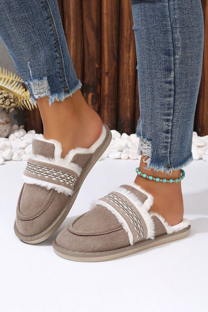 Gray Suede Wavy Striped Plush Lined Home Slippers - Vesteeto