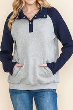 Gray Textured Splicing Kangaroo Pocket Raglan Sleeve Sweatshirt - Vesteeto