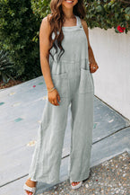 Gray Textured Wide Leg Overall with Pockets - Vesteeto