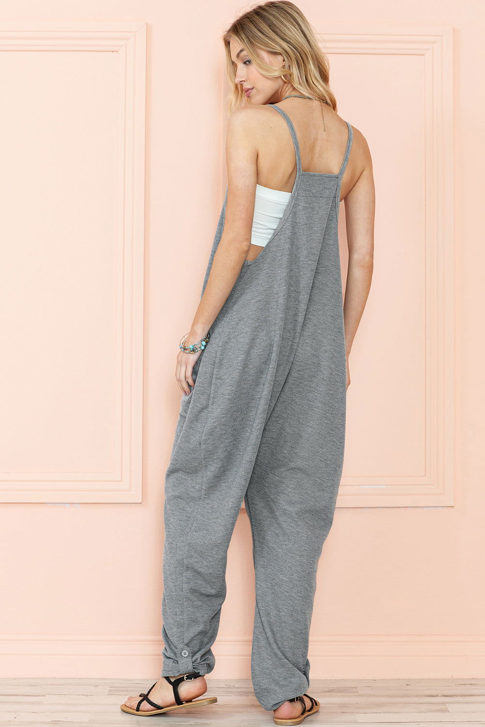 Gray Waffle Knit Spaghetti Strap Pocketed Jumpsuit - Vesteeto