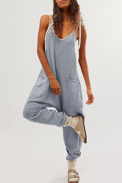 Gray Waffle Knit Spaghetti Strap Pocketed Jumpsuit - Vesteeto