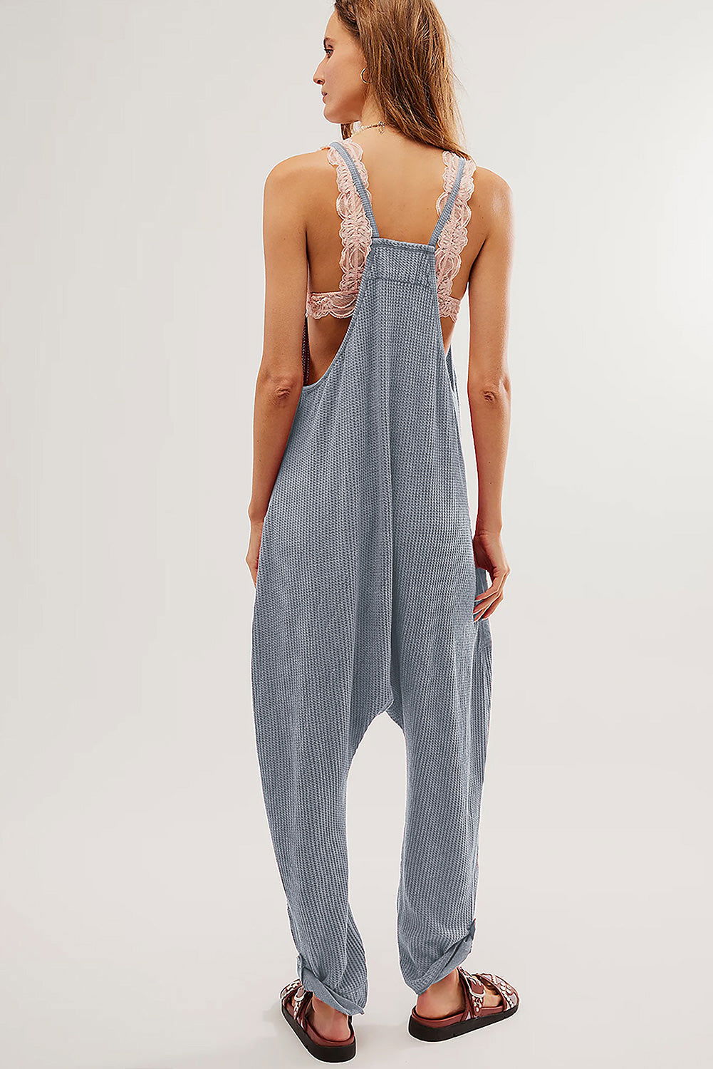 Gray Waffle Knit Spaghetti Strap Pocketed Jumpsuit - Vesteeto