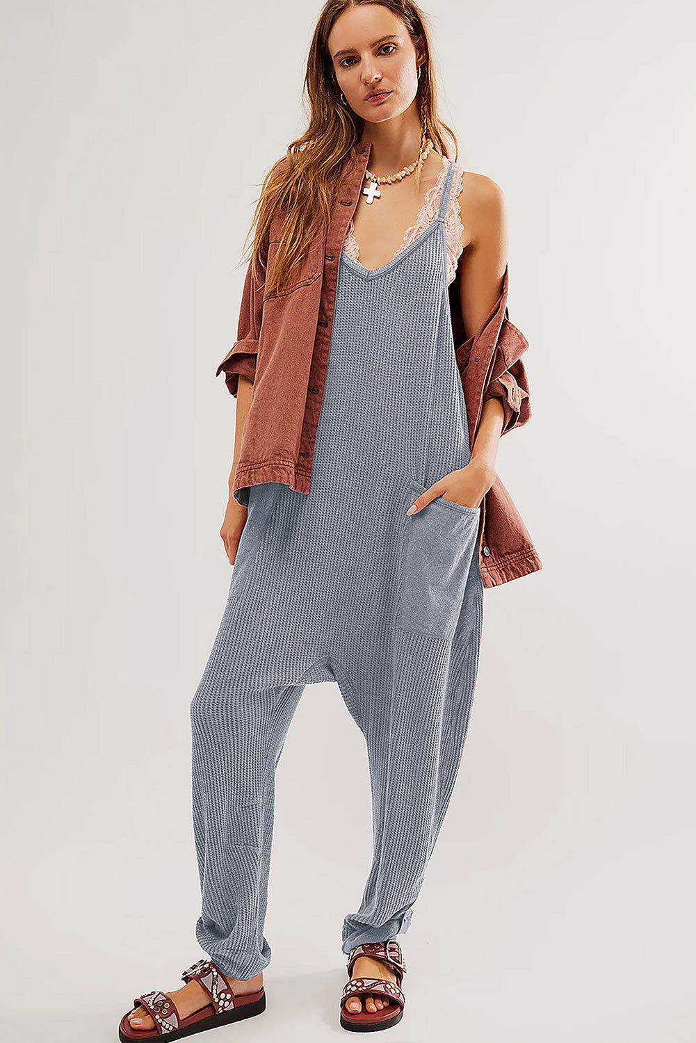 Gray Waffle Knit Spaghetti Strap Pocketed Jumpsuit - Vesteeto