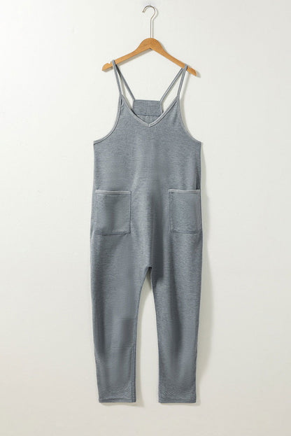 Gray Waffle Knit Spaghetti Strap Pocketed Jumpsuit - Vesteeto