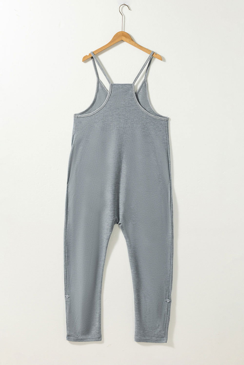 Gray Waffle Knit Spaghetti Strap Pocketed Jumpsuit - Vesteeto