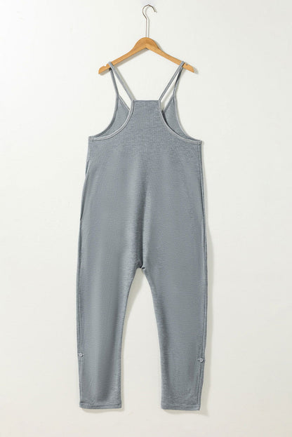 Gray Waffle Knit Spaghetti Strap Pocketed Jumpsuit - Vesteeto