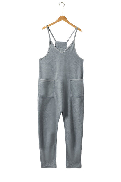 Gray Waffle Knit Spaghetti Strap Pocketed Jumpsuit - Vesteeto