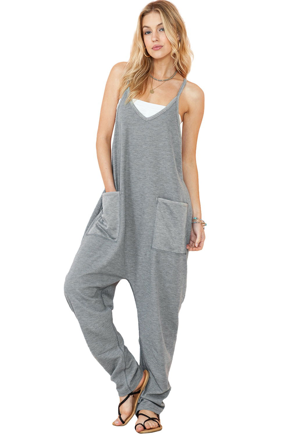 Gray Waffle Knit Spaghetti Strap Pocketed Jumpsuit - Vesteeto