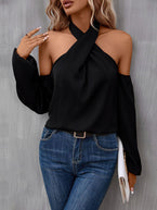 Grecian Cold Shoulder Long Sleeve Blouse - Vesteeto