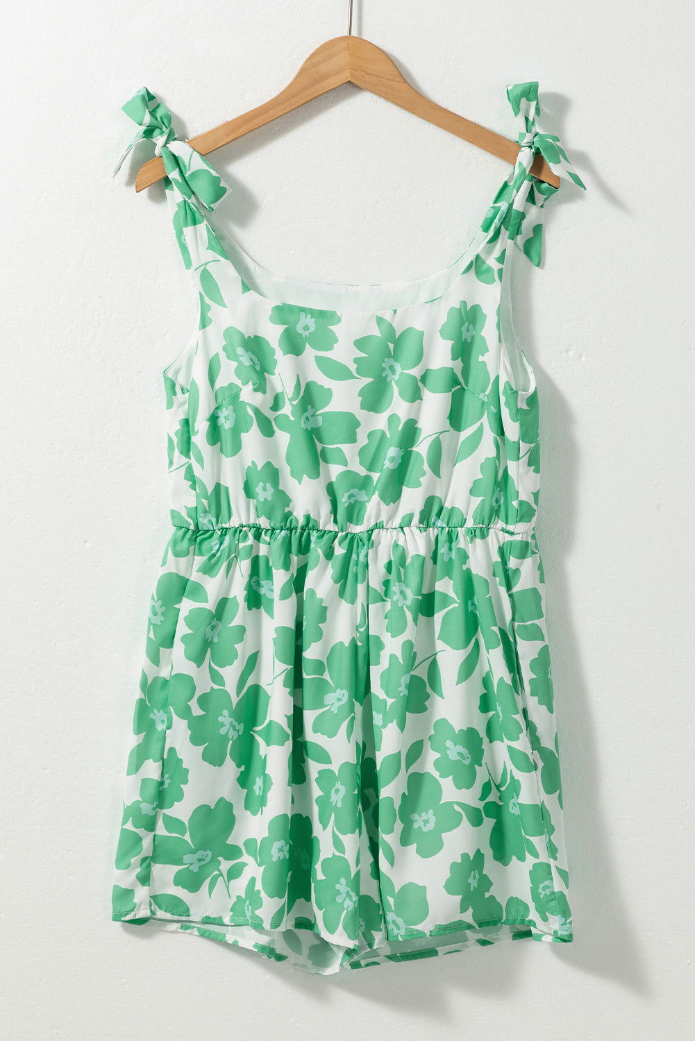 Green 60s Floral Print Knotted Strap Flared Romper - Vesteeto