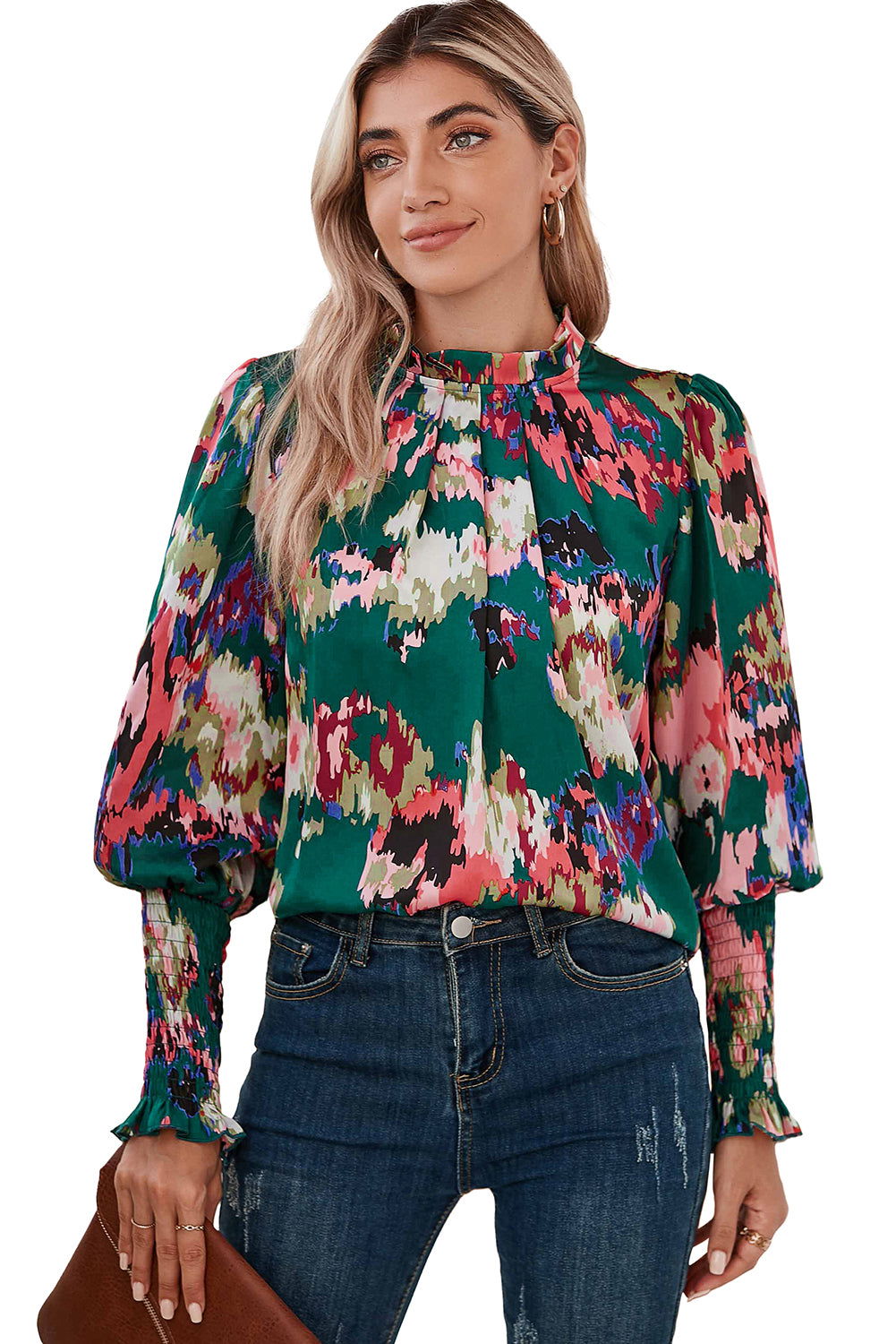 Green Abstract Print Frilled Neck Shirred Cuffs Blouse - Vesteeto