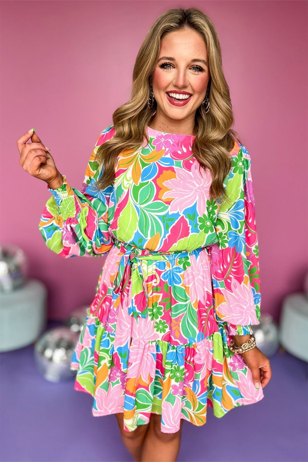 Green Botanical Print Bubble Sleeve Mini Dress - Vesteeto