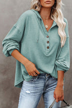 Green Button Front Pullover Hooded Sweatshirt - Vesteeto