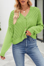 Green Buttoned Up V Neck Cut Out Knit Cardigan - Vesteeto