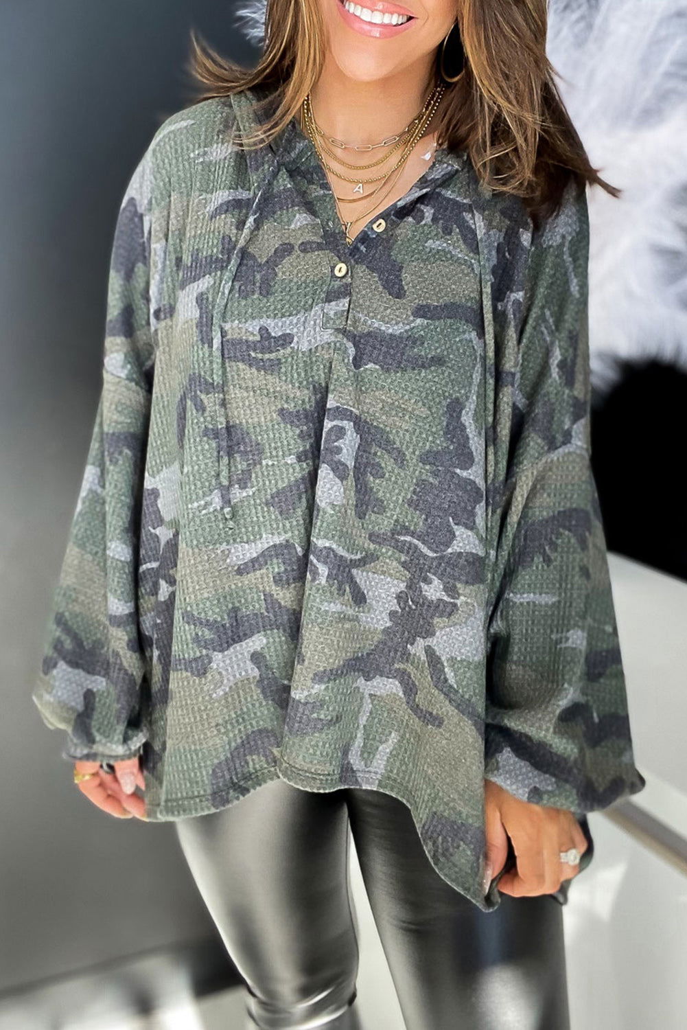 Green Camo Print Button Front Oversize Hoodie - Vesteeto