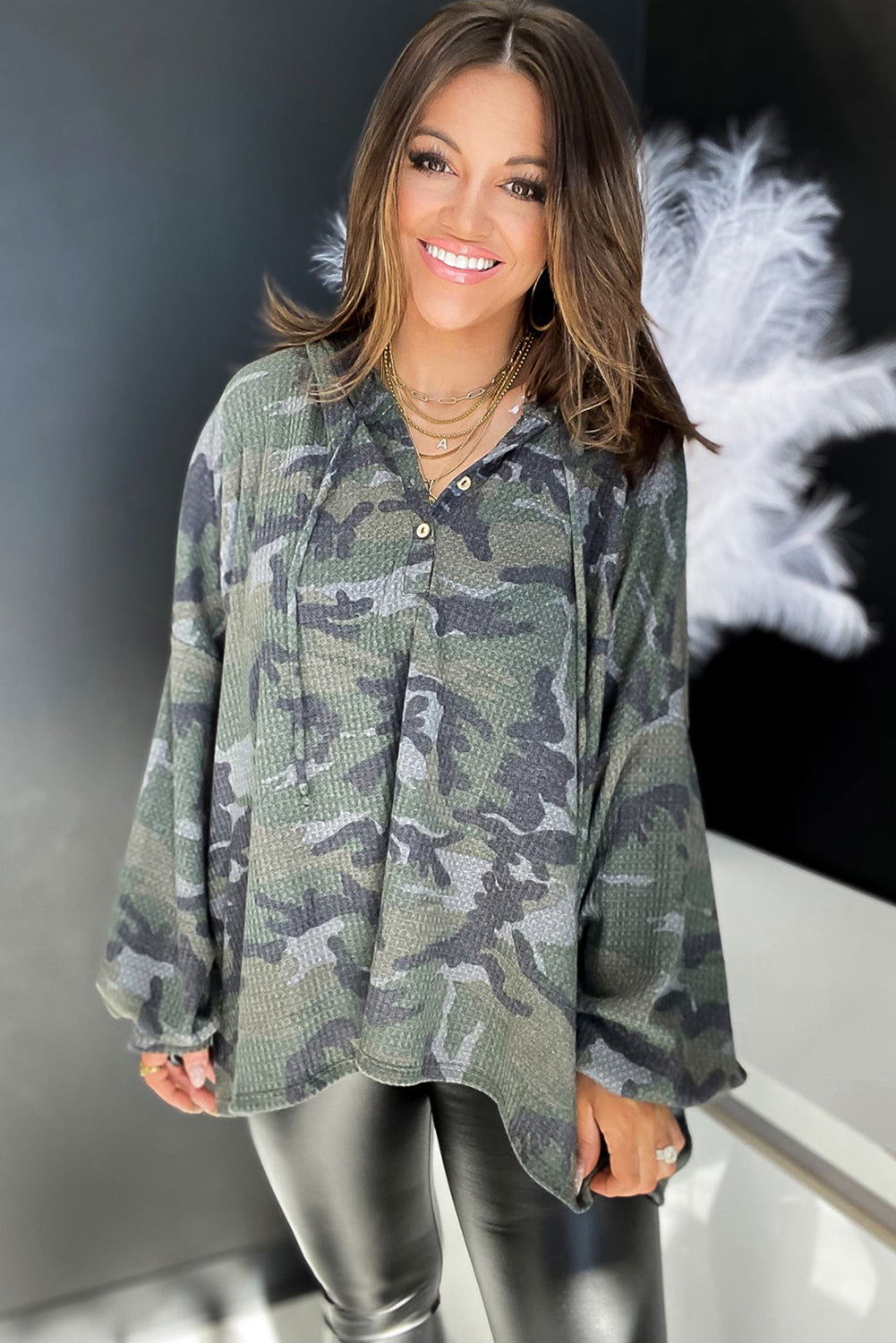 Green Camo Print Button Front Oversize Hoodie - Vesteeto