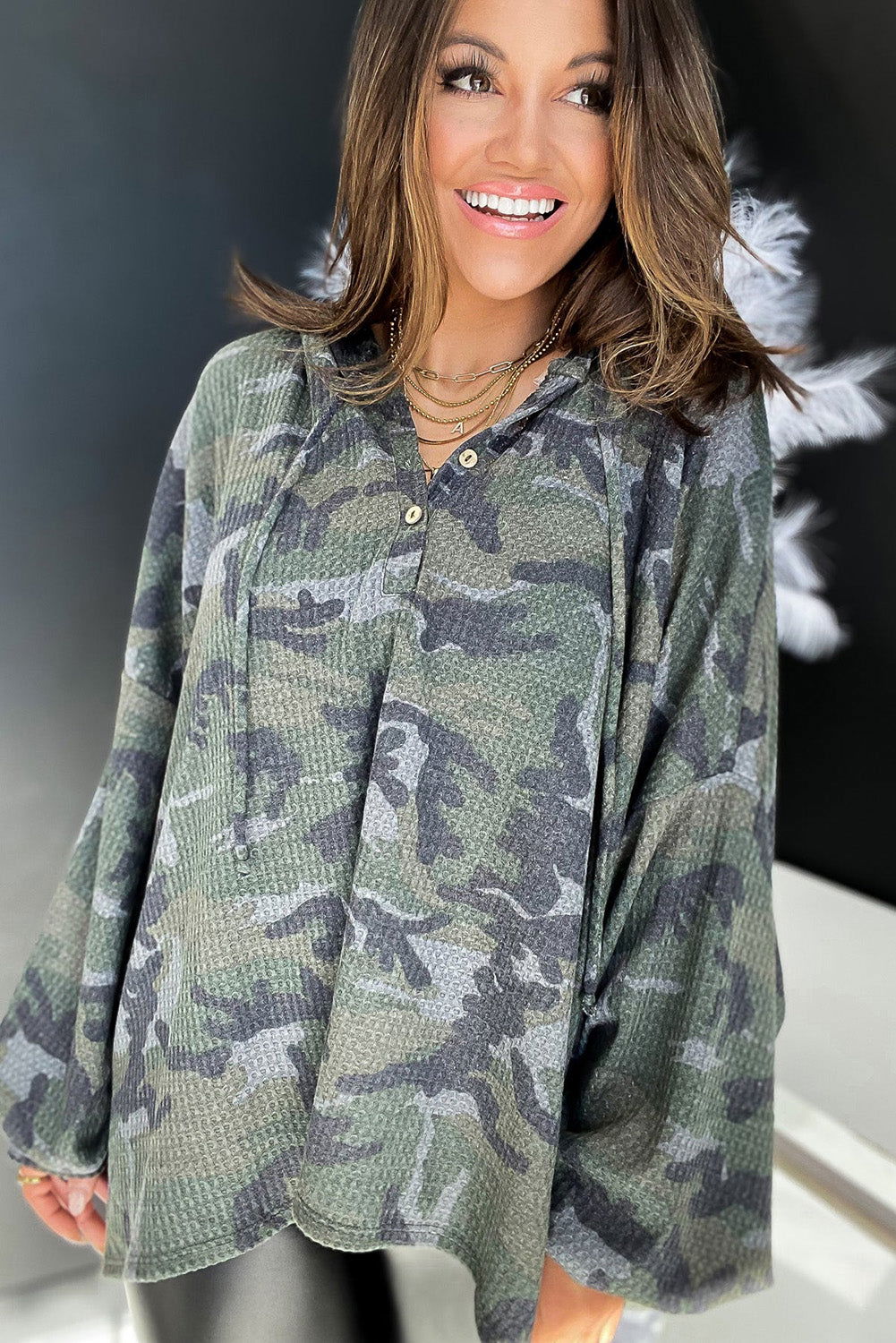 Green Camo Print Button Front Oversize Hoodie - Vesteeto