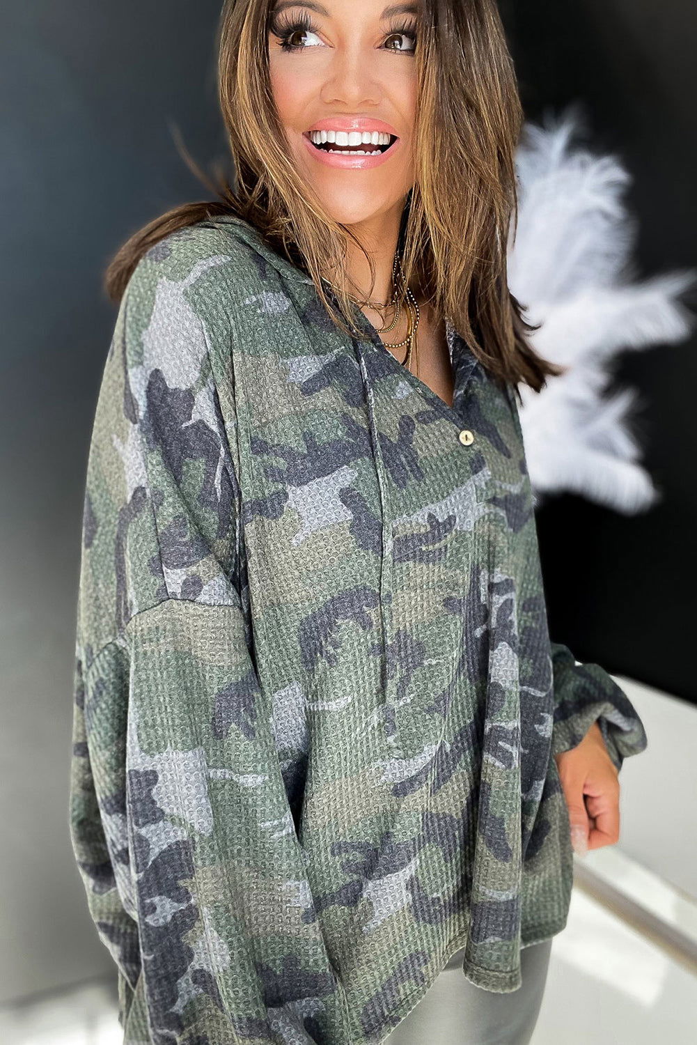 Green Camo Print Button Front Oversize Hoodie - Vesteeto