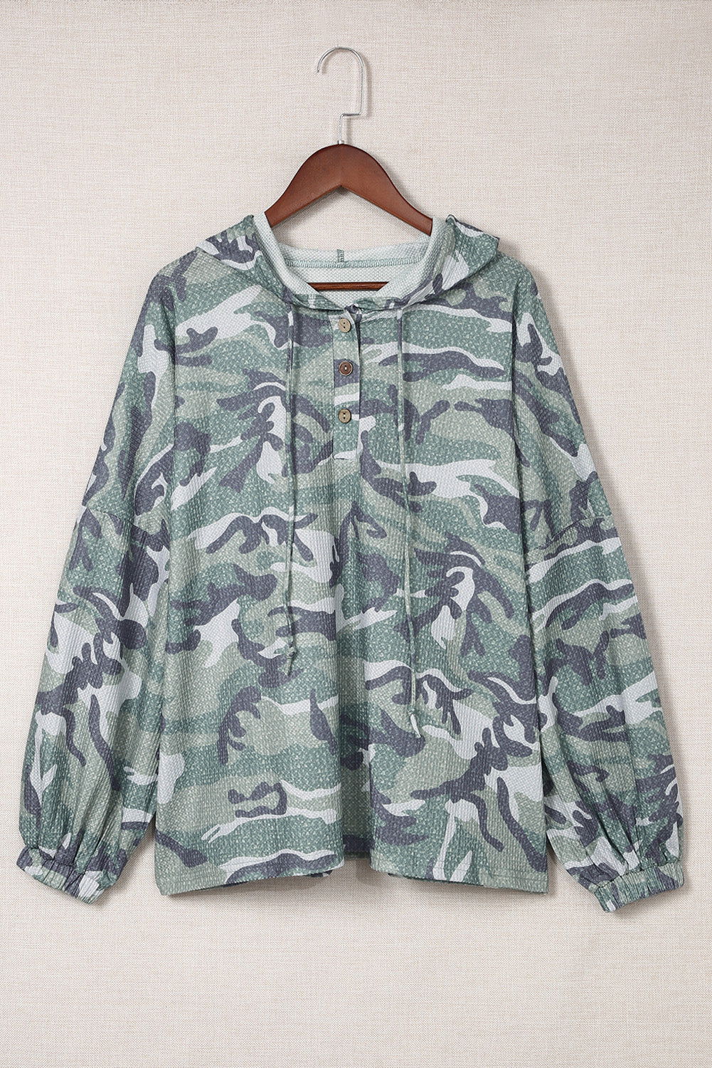 Green Camo Print Button Front Oversize Hoodie - Vesteeto