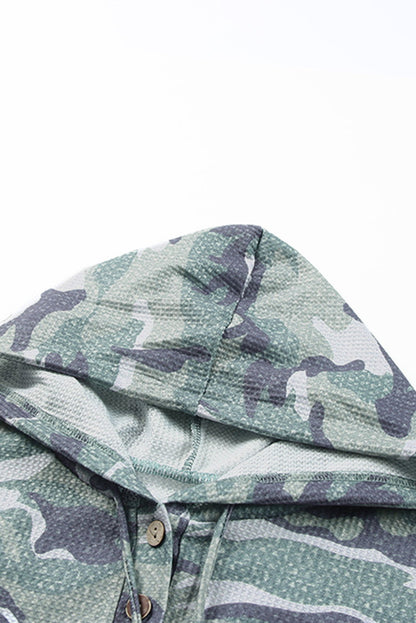 Green Camo Print Button Front Oversize Hoodie - Vesteeto