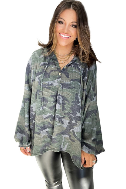 Green Camo Print Button Front Oversize Hoodie - Vesteeto