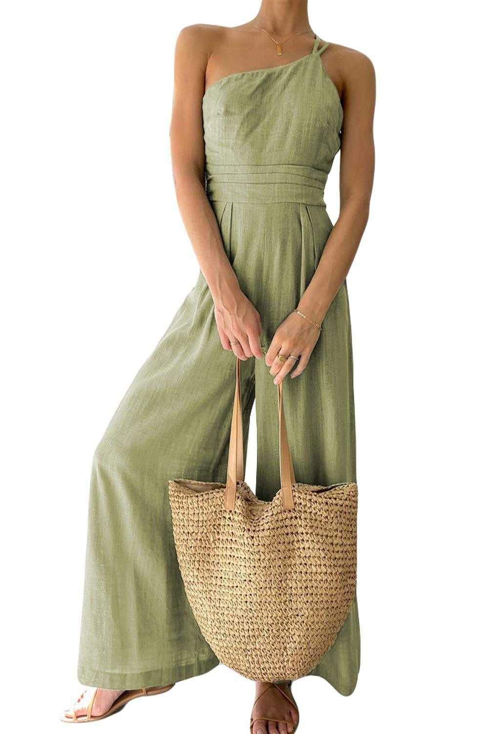 Green Casual Asymmetric Thin Straps Wide Leg Jumpsuit - Vesteeto