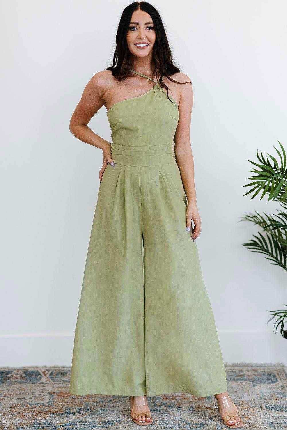 Green Casual Asymmetric Thin Straps Wide Leg Jumpsuit - Vesteeto