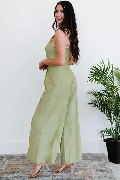 Green Casual Asymmetric Thin Straps Wide Leg Jumpsuit - Vesteeto