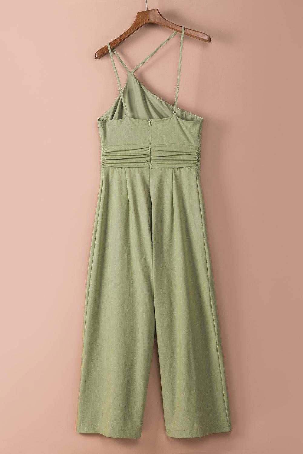 Green Casual Asymmetric Thin Straps Wide Leg Jumpsuit - Vesteeto