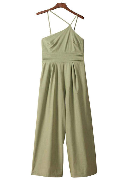 Green Casual Asymmetric Thin Straps Wide Leg Jumpsuit - Vesteeto