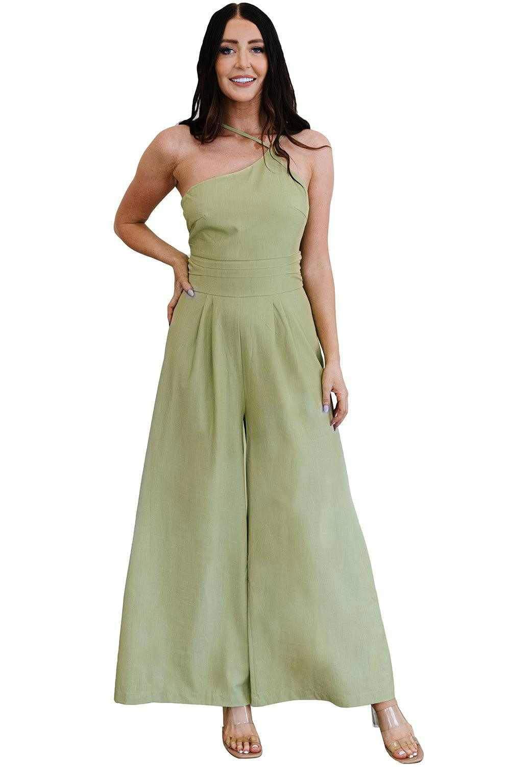 Green Casual Asymmetric Thin Straps Wide Leg Jumpsuit - Vesteeto