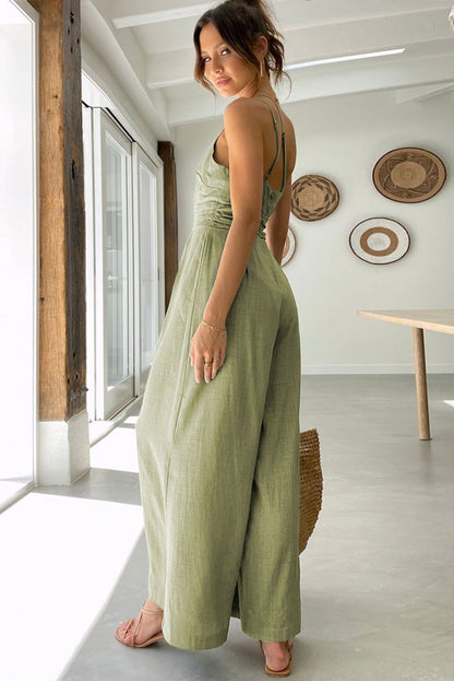 Green Casual Asymmetric Thin Straps Wide Leg Jumpsuit - Vesteeto