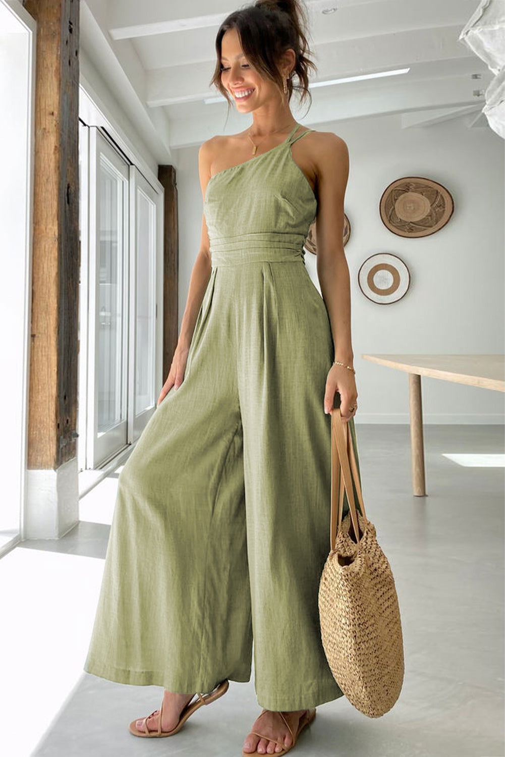 Green Casual Asymmetric Thin Straps Wide Leg Jumpsuit - Vesteeto