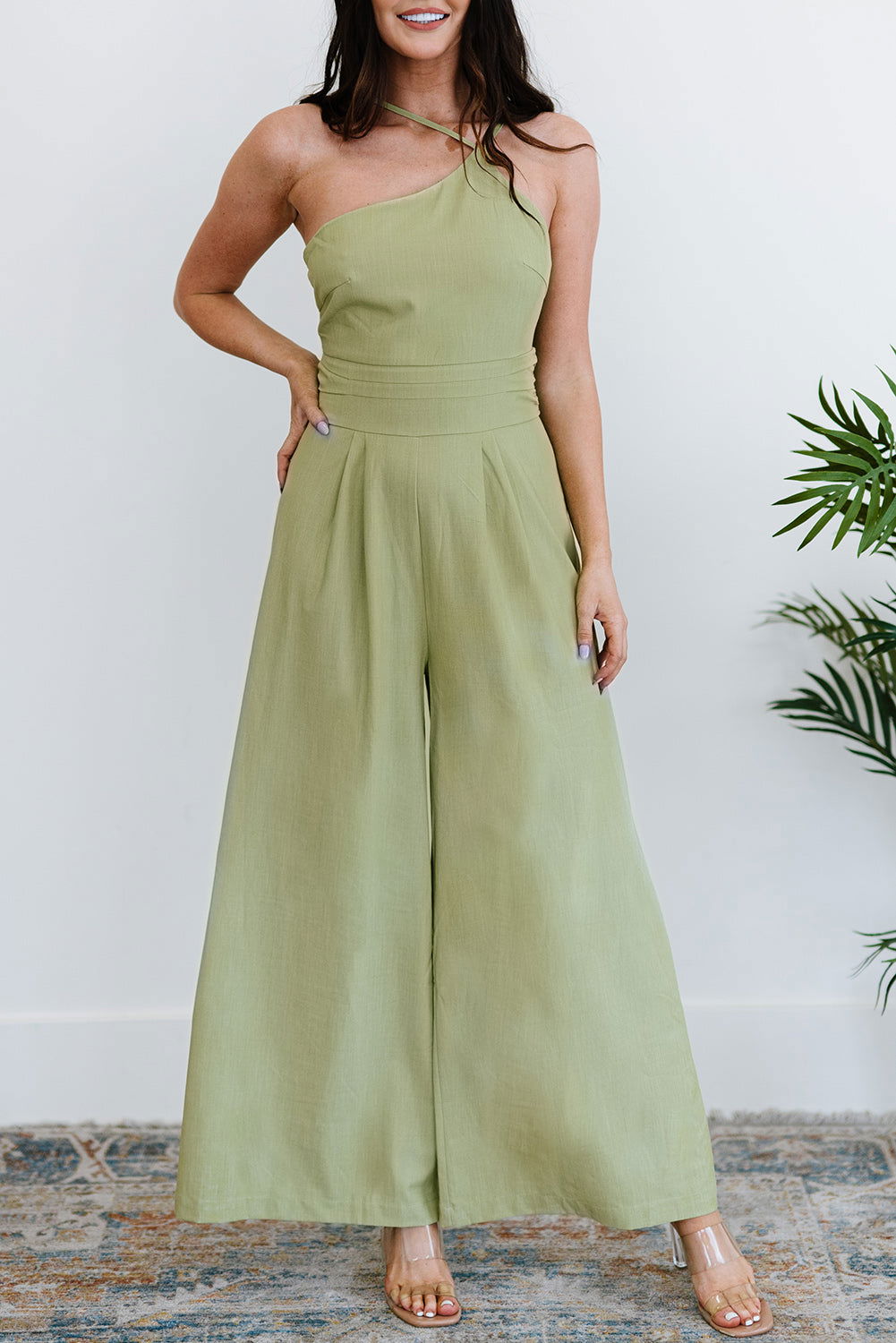 Green Casual Asymmetric Thin Straps Wide Leg Jumpsuit - Vesteeto