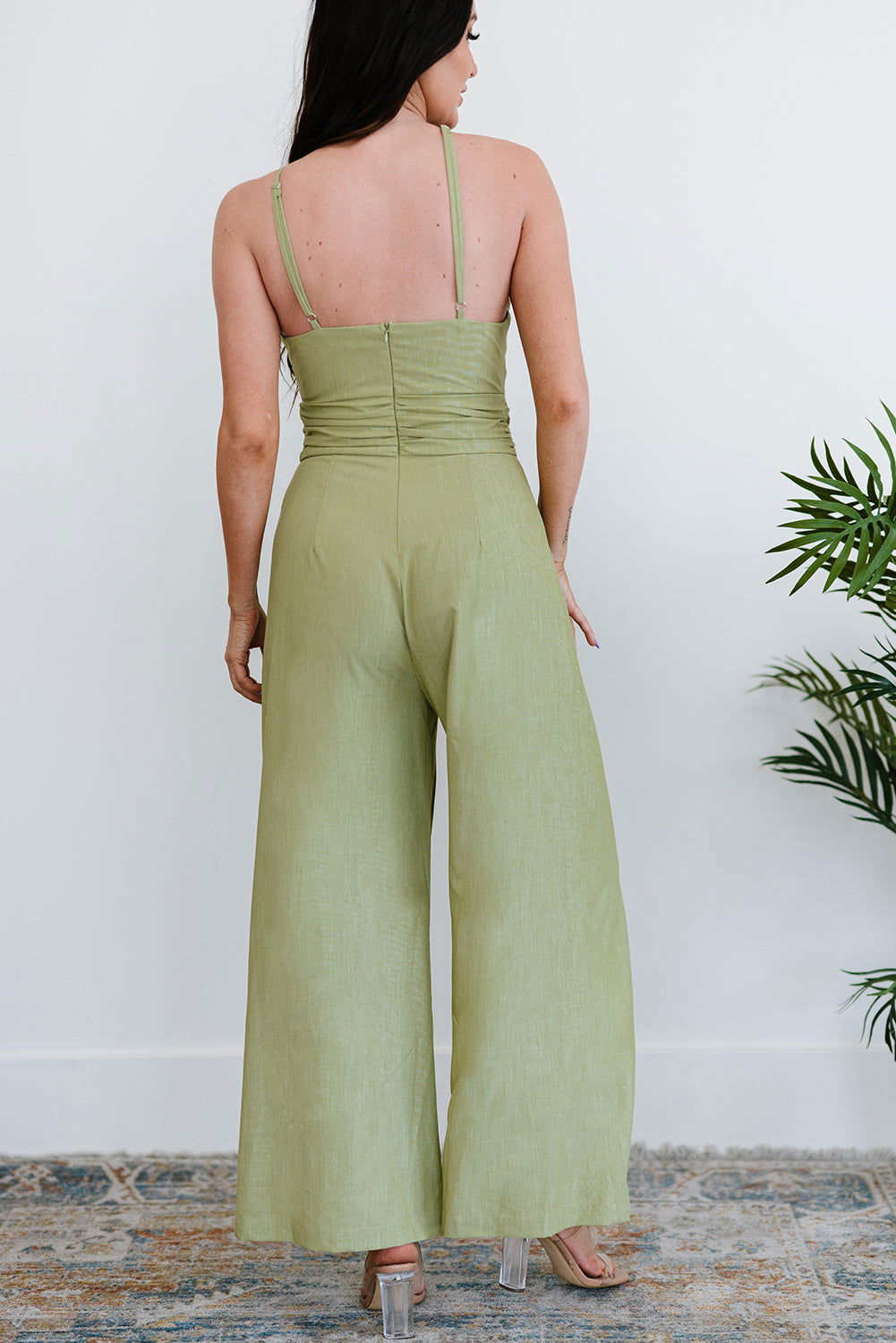 Green Casual Asymmetric Thin Straps Wide Leg Jumpsuit - Vesteeto