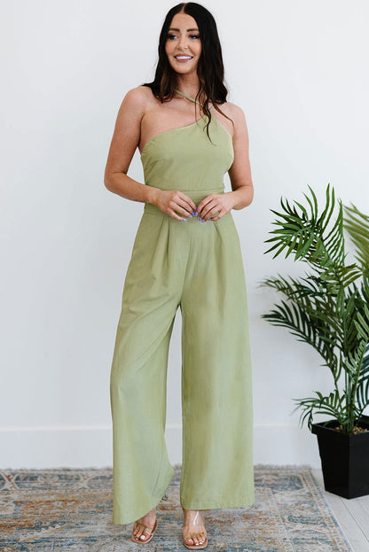 Green Casual Asymmetric Thin Straps Wide Leg Jumpsuit - Vesteeto