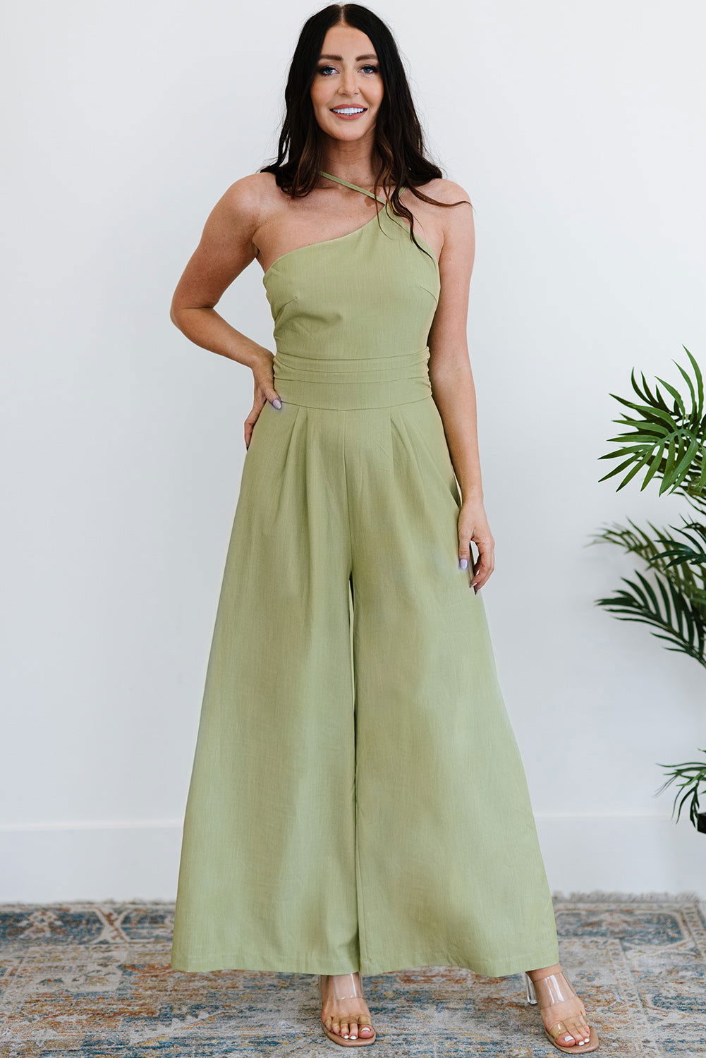 Green Casual Asymmetric Thin Straps Wide Leg Jumpsuit - Vesteeto