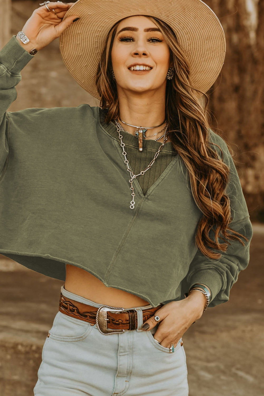 Green Casual Drop Shoulder Cropped Sweatshirt - Vesteeto