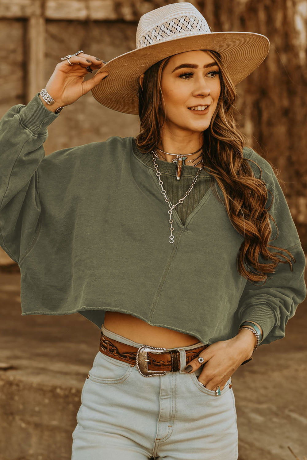 Green Casual Drop Shoulder Cropped Sweatshirt - Vesteeto