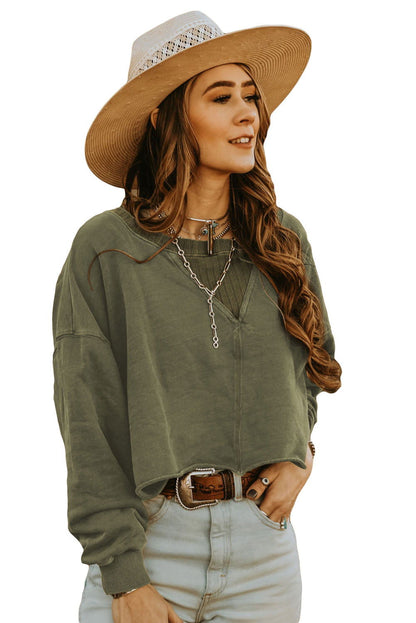 Green Casual Drop Shoulder Cropped Sweatshirt - Vesteeto