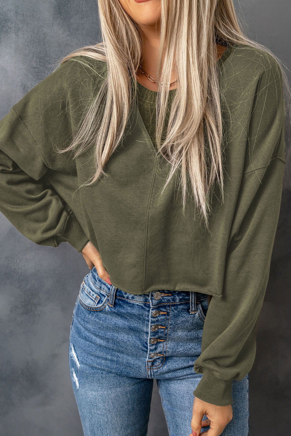 Green Casual Drop Shoulder Cropped Sweatshirt - Vesteeto