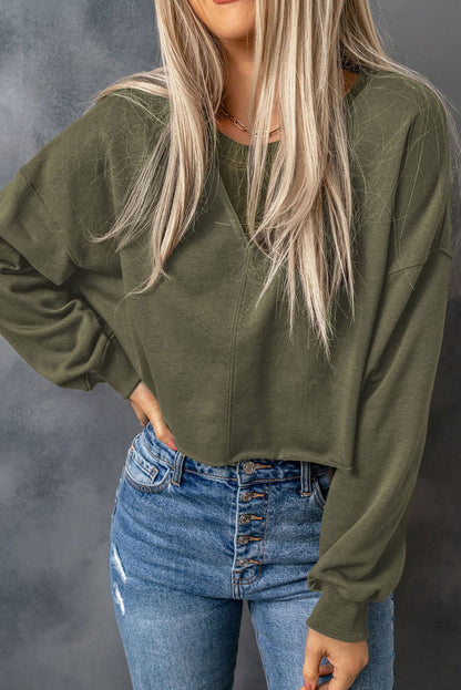 Green Casual Drop Shoulder Cropped Sweatshirt - Vesteeto