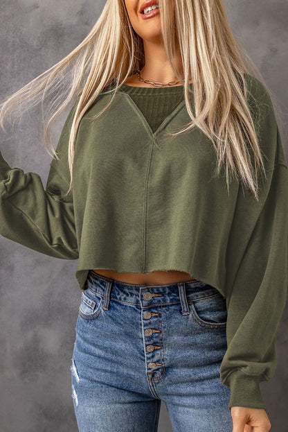 Green Casual Drop Shoulder Cropped Sweatshirt - Vesteeto