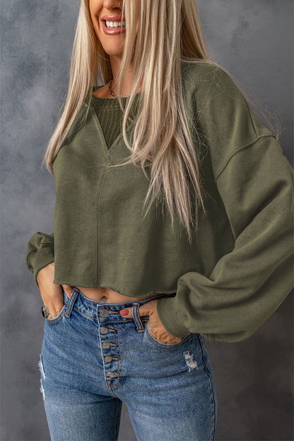 Green Casual Drop Shoulder Cropped Sweatshirt - Vesteeto