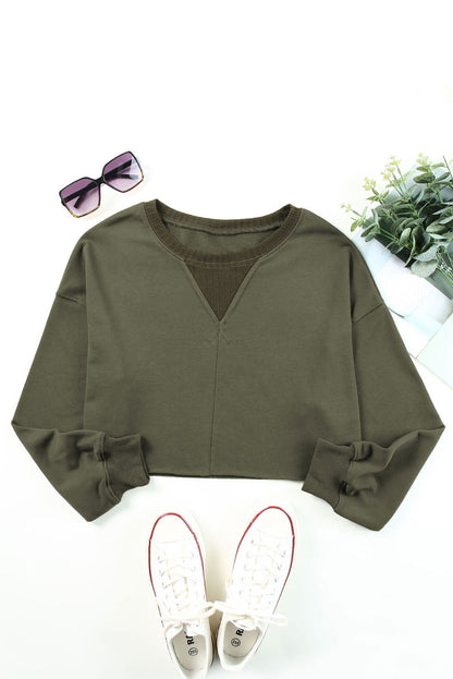 Green Casual Drop Shoulder Cropped Sweatshirt - Vesteeto