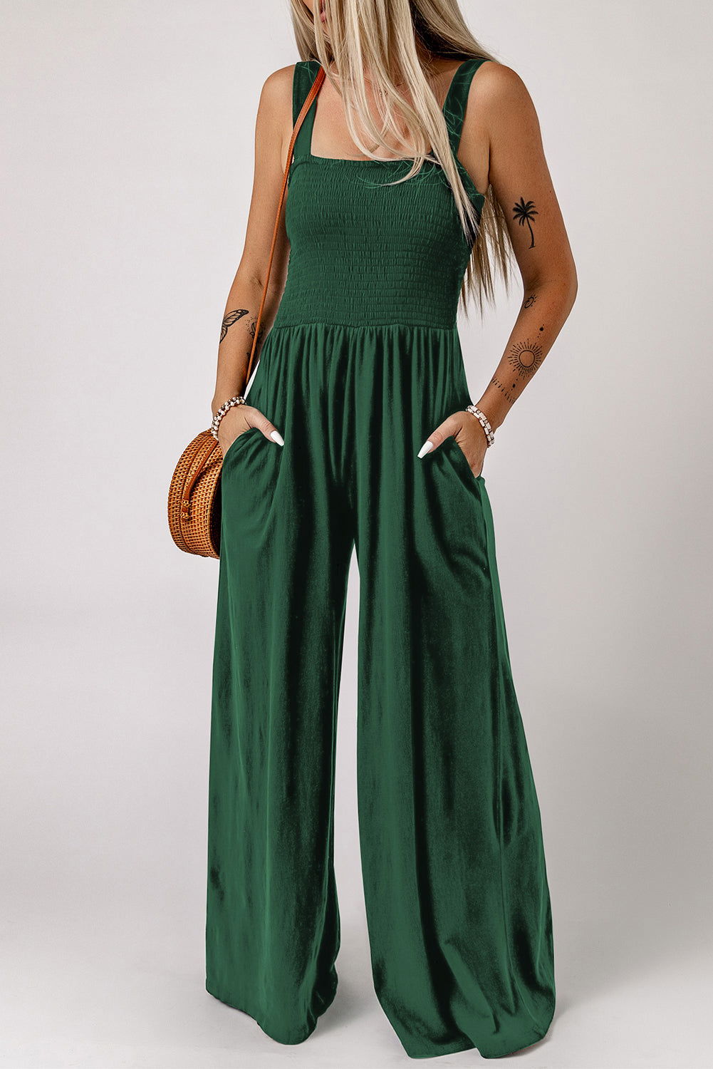 Green Casual Smocked Pocketed Wide Leg Jumpsuit - Vesteeto